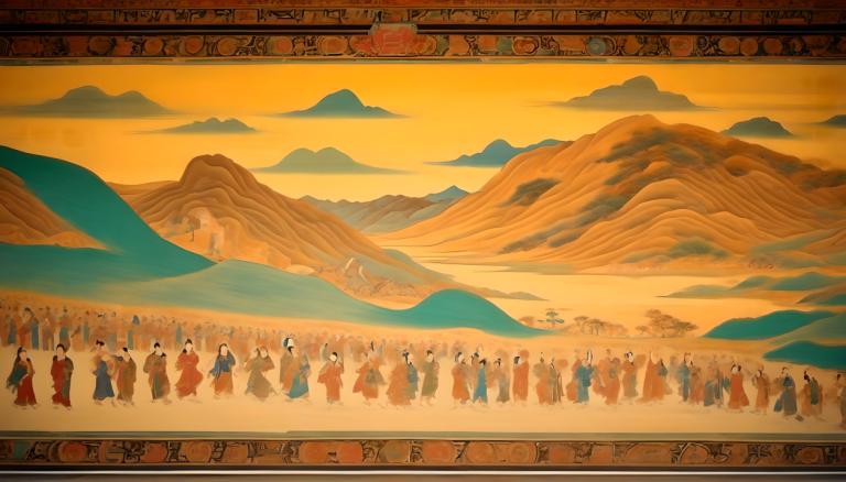 lukisan dinding,lukisan dinding, Rakyat, mural dunhuang, gunung, 6+laki-laki, banyak anak laki-laki