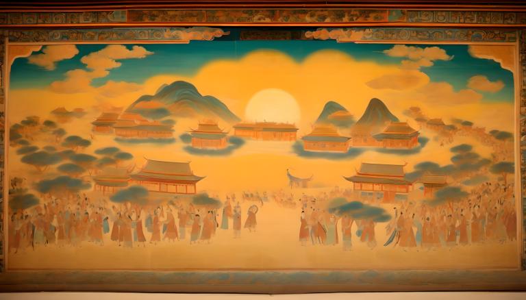 Fresco,Fresco, People, dunhuang murals, architecture, mountain, east asian architecture, scenery, sun, cloud