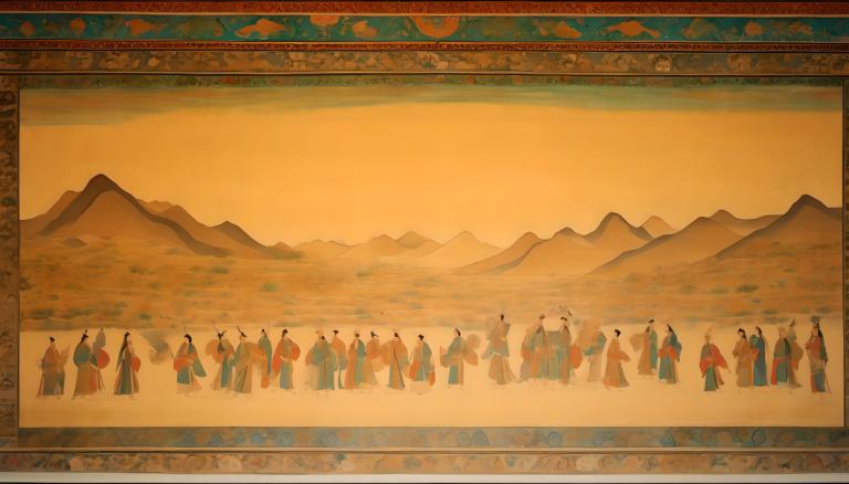 Fresco,Fresco, People, dunhuang murals, multiple boys, 6+boys, desert, mountain, outdoors, robe, scenery, sky