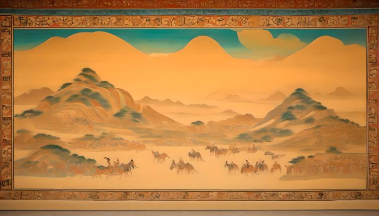 lukisan dinding,lukisan dinding, Rakyat, mural dunhuang, gunung, kuda, gurun, pemandangan, langit