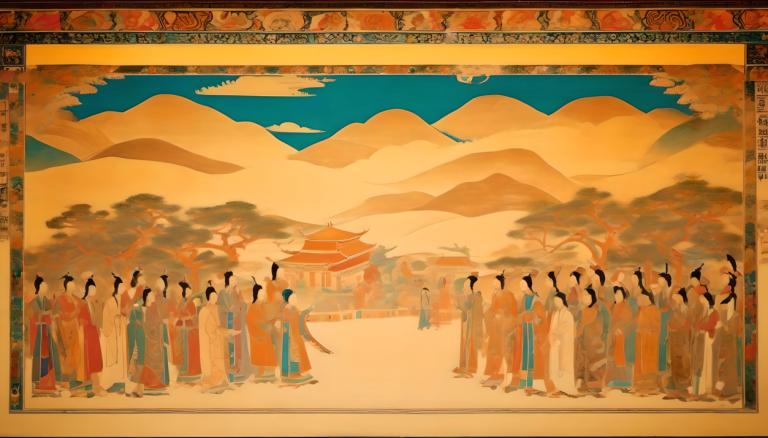 Fresco,Fresco, People, dunhuang murals, multiple girls, cloud, multiple boys, sky, architecture, tree