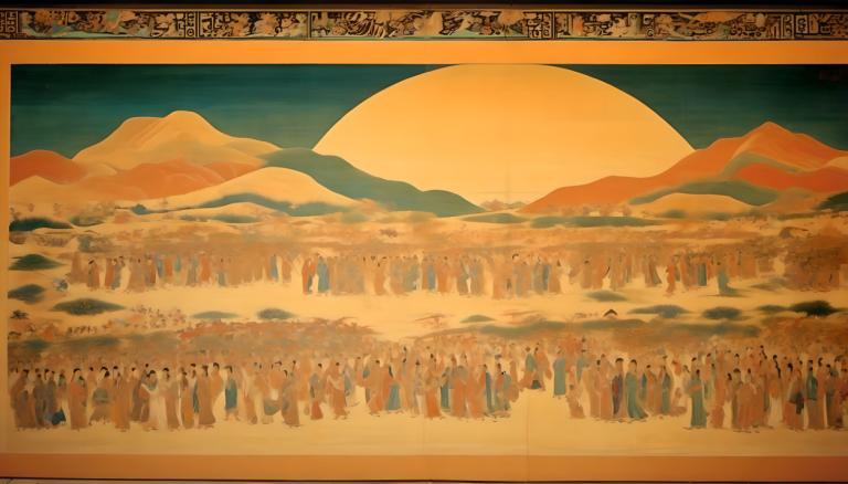 Fresco,Fresco, People, dunhuang murals, mountain, scenery, outdoors, sunset, sky, sun, tree, nature