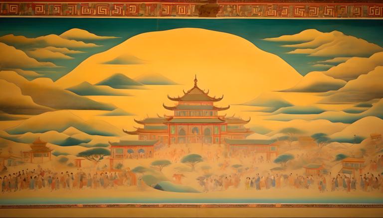 Fresco,Fresco, People, dunhuang murals, cloud, scenery, architecture, no humans, sky, east asian architecture