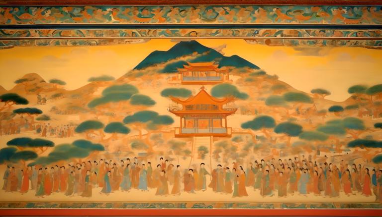 Fresque,Fresque, Personnes, peintures murales de Dunhuang, montagne, architecture, architecture est-asiatique