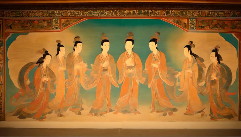 Fresko,Fresko, Menschen, Wandgemälde aus Dunhuang, Hanfu, lange Ärmel, chinesische Kleidung, schwarzes Haar