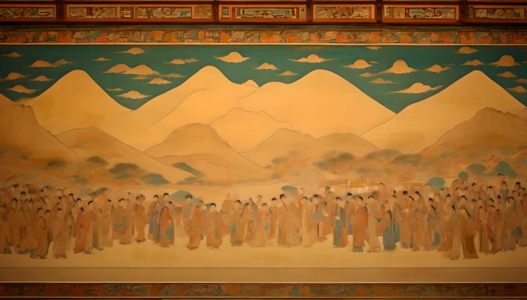 Fresco,Fresco, People, dunhuang murals, sky, mountain, cloud, outdoors, desert, 6+boys, scenery