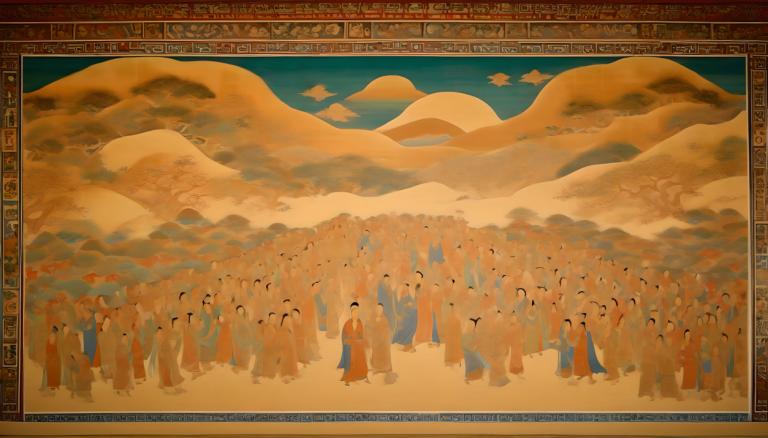 Fresco,Fresco, People, dunhuang murals, desert, sky, bird, cloud, robe, 1girl, mountain, outdoors, standing