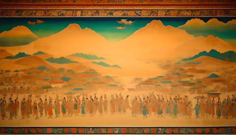 Fresco,Fresco, People, dunhuang murals, mountain, 6+boys, multiple boys, sky, scenery, sunset, multiple girls