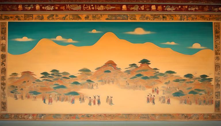 Fresco,Fresco, People, dunhuang murals, desert, mountain, sky, cloud, outdoors, multiple boys, 6+boys