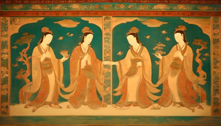 Fresco,Fresco, People, dunhuang murals, multiple girls, holding, hanfu, faceless female, sash, long hair