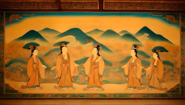 Fresco,Fresco, People, dunhuang murals, hanfu, mountain, multiple boys, chinese clothes, long hair