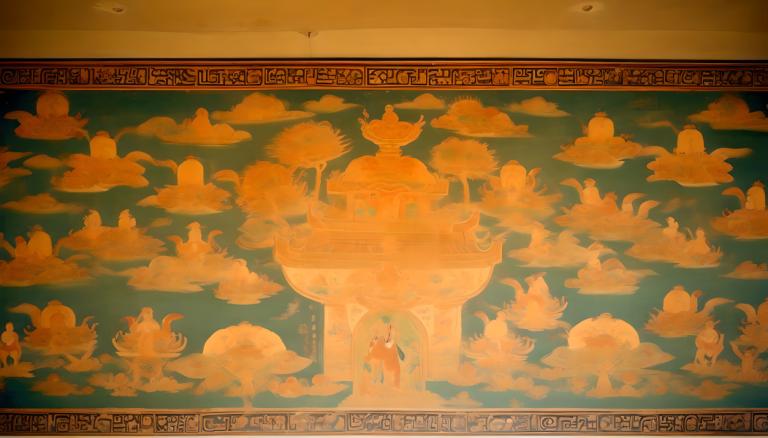 Fresco,Fresco, People, dunhuang murals, cloud, bird, orange theme, sky, long hair, 1girl, surreal, scenery