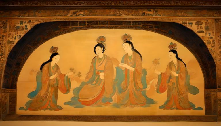 Fresco,Fresco, People, dunhuang murals, hanfu, multiple girls, long hair, long sleeves, hair ornament, flower