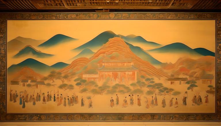 Fresco,Fresco, People, dunhuang murals, mountain, tree, 6+boys, multiple boys, scenery, outdoors, desert