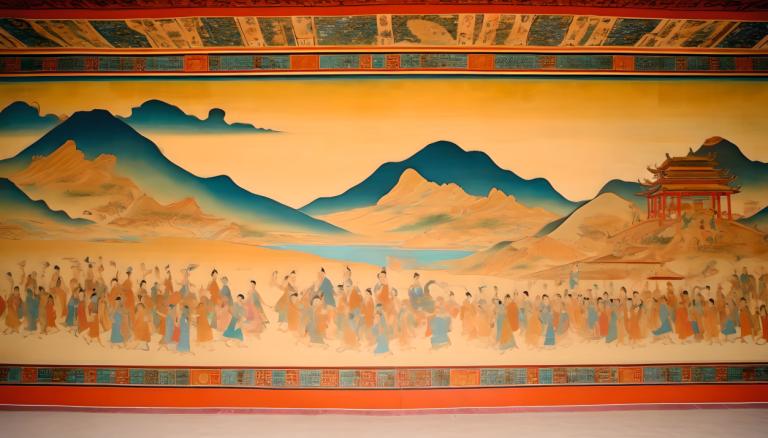 Fresco,Fresco, People, dunhuang murals, east asian architecture, architecture, mountain, scenery, 6+boys