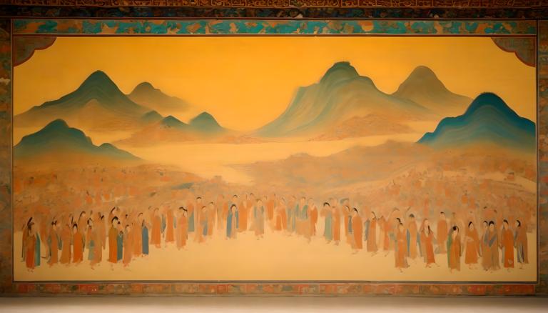 Fresco,Fresco, People, dunhuang murals, mountain, scenery, sunset, orange sky, outdoors, orange theme, sky