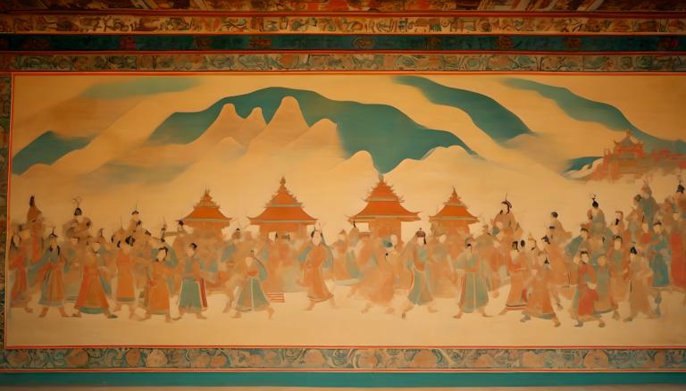 Fresco,Fresco, People, dunhuang murals, 6+boys, multiple girls, multiple boys, architecture