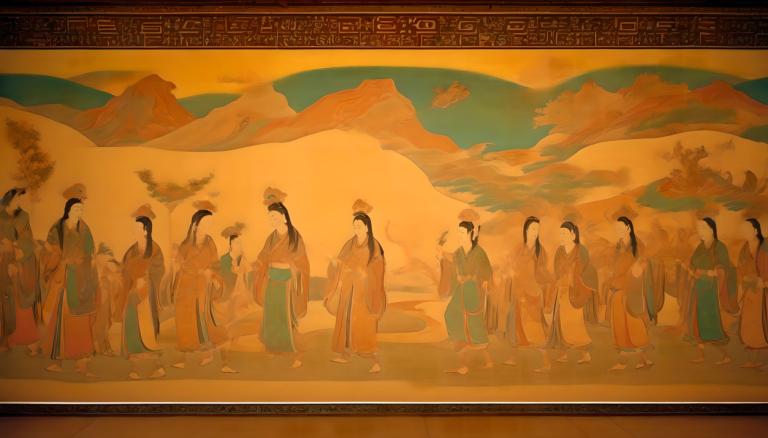 Fresco,Fresco, People, dunhuang murals, long hair, hanfu, multiple boys, 6+boys, mountain, black hair