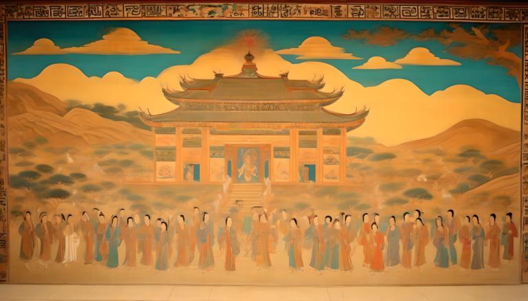 Fresco,Fresco, People, dunhuang murals, architecture, cloud, east asian architecture, bird, sky, scenery