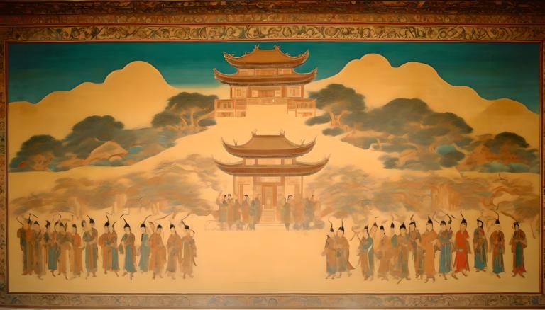 Fresco,Fresco, People, dunhuang murals, architecture, east asian architecture, 6+boys, cloud, mountain, sky