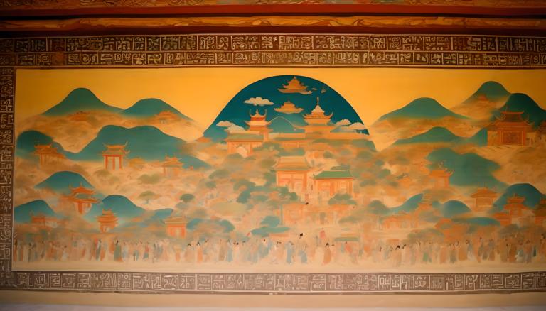 Fresco,Fresco, People, dunhuang murals, mountain, architecture, east asian architecture, cloud, scenery, sky