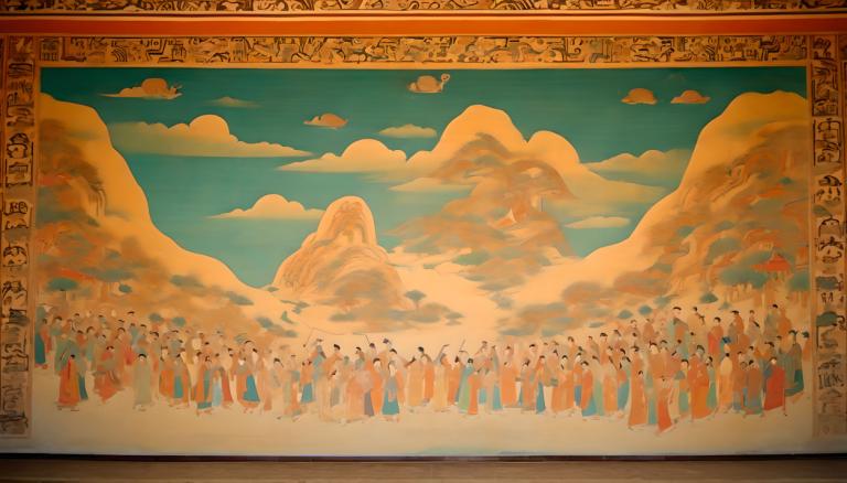 Fresco,Fresco, People, dunhuang murals, cloud, sky, mountain, scenery, 6+boys, blue sky, outdoors, day