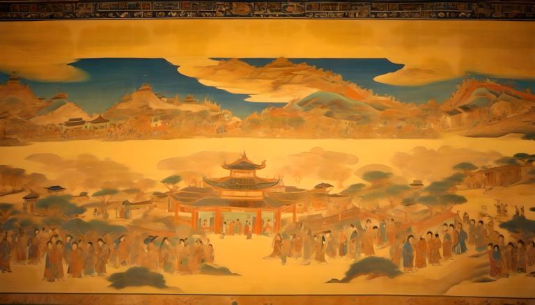 Fresko,Fresko, Menschen, Wandgemälde aus Dunhuang, Landschaft, die Architektur, Ostasiatische Architektur