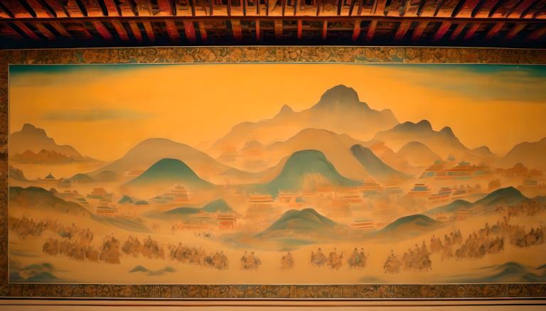 Fresco,Fresco, People, dunhuang murals, mountain, scenery, no humans, tree, nature, sunset, forest, outdoors