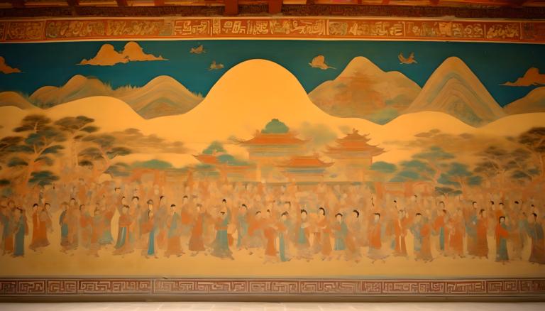 Fresco,Fresco, People, dunhuang murals, mountain, bird, sky, cloud, outdoors, scenery, tree, architecture