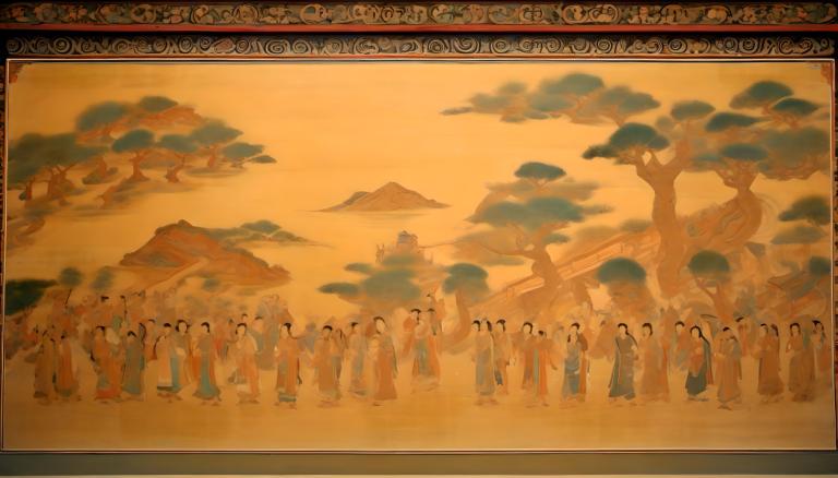 Fresco,Fresco, People, dunhuang murals, tree, mountain, multiple boys, multiple girls, 6+boys, cloud, 6+girls