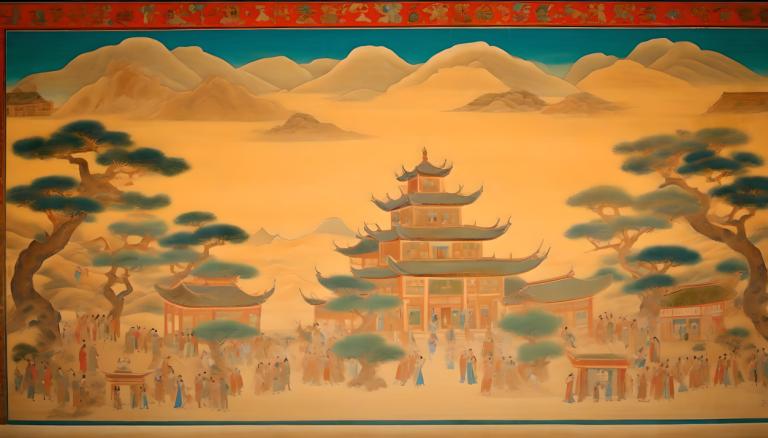 壁画,壁画, 人物, 敦煌壁画, 树, 东亚建筑, 建筑学, 山, 风景, 户外, 天空, 云, 6+男孩, 日本衣服, 雕像, 宝塔, 多个男孩, 建筑, 边界, 神社