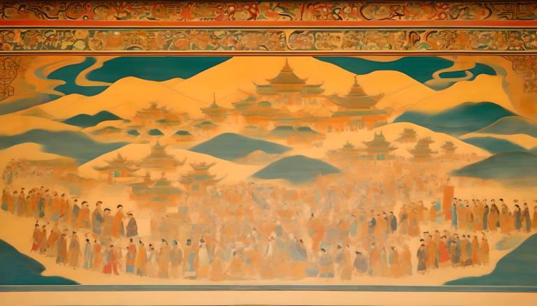 lukisan dinding,lukisan dinding, Rakyat, mural dunhuang, gunung, banyak anak laki-laki, pemandangan