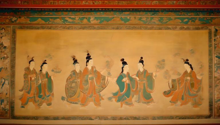 lukisan dinding,lukisan dinding, Rakyat, mural dunhuang, hanfu, pakaian Cina, lengan panjang, lengan lebar