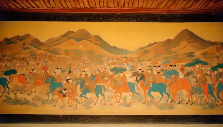 Fresco,Fresco, People, dunhuang murals, mountain, riding, scenery, horse, horseback riding, outdoors, animal