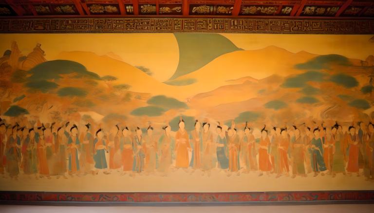 Fresco,Fresco, People, dunhuang murals, multiple boys, mountain, 6+boys, sky, cloud, sunset, outdoors