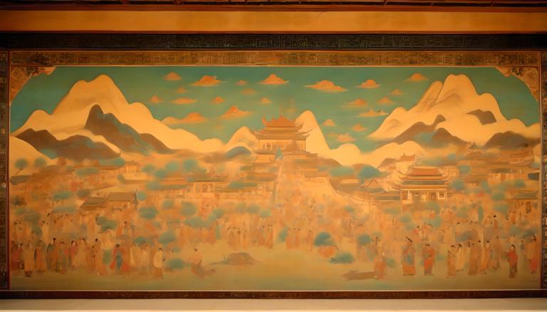 Fresco,Fresco, People, dunhuang murals, mountain, cloud, scenery, sky, architecture, east asian architecture