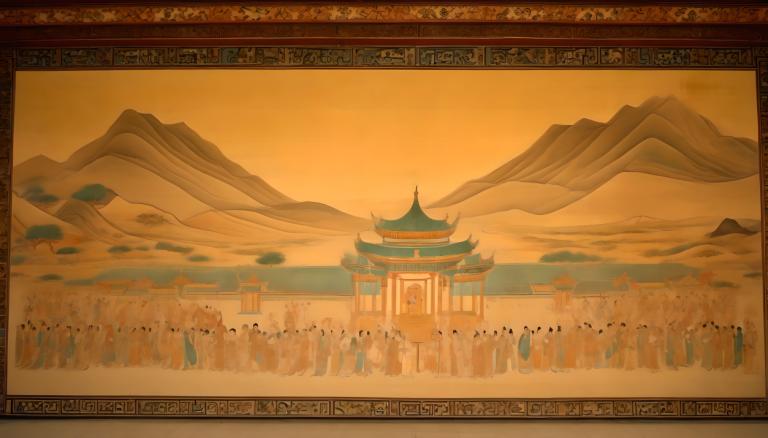 Fresco,Fresco, People, dunhuang murals, mountain, scenery, no humans, architecture, east asian architecture