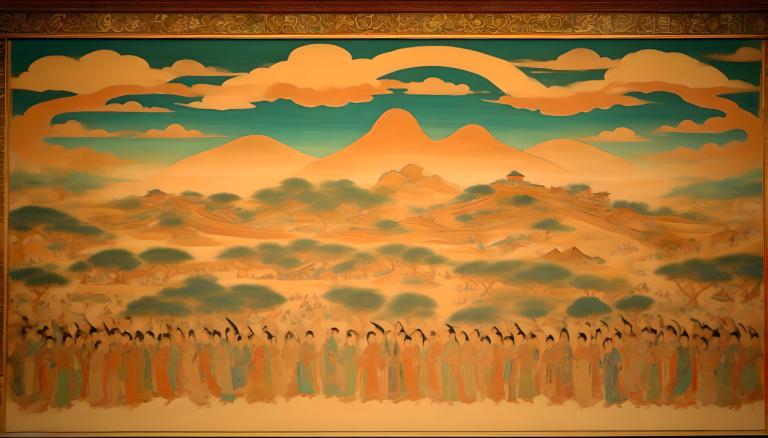 Fresko,Fresko, Menschen, Wandgemälde aus Dunhuang, Natur, keine Menschen, Landschaft, Himmel, Wolke, Berg