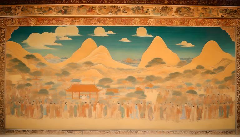 Fresco,Fresco, People, dunhuang murals, mountain, cloud, sky, scenery, no humans, outdoors, tree, day