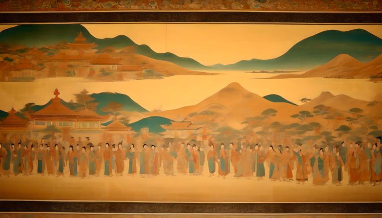 Fresco,Fresco, People, dunhuang murals, mountain, scenery, outdoors, architecture, east asian architecture