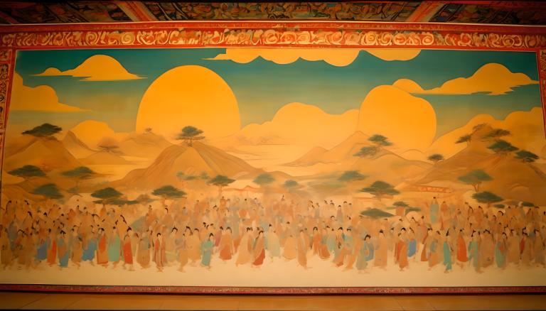 Fresque,Fresque, Personnes, peintures murales de Dunhuang, montagne, ciel, nuage, soleil, en plein air