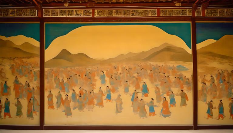 Fresco,Fresco, People, dunhuang murals, multiple boys, 6+boys, mountain, multiple girls, chinese clothes