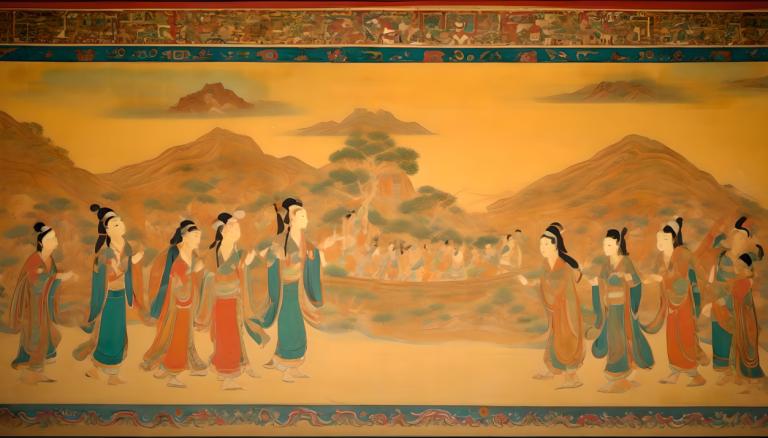 Fresco,Fresco, People, dunhuang murals, multiple girls, long hair, black hair, holding hands, hanfu, 6+girls