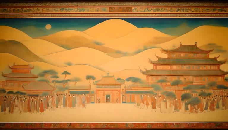 Fresco,Fresco, People, dunhuang murals, east asian architecture, architecture, mountain, scenery, sky, cloud