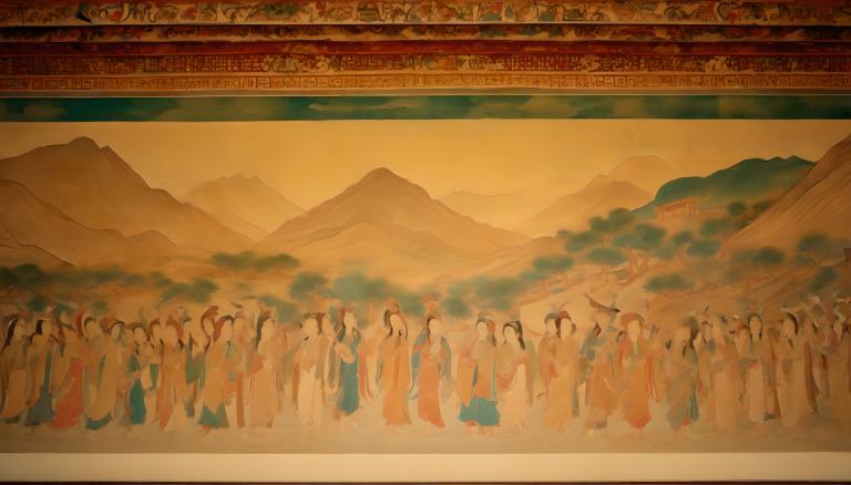 Fresco,Fresco, People, dunhuang murals, mountain, multiple girls, 6+girls, long hair, black hair, scenery