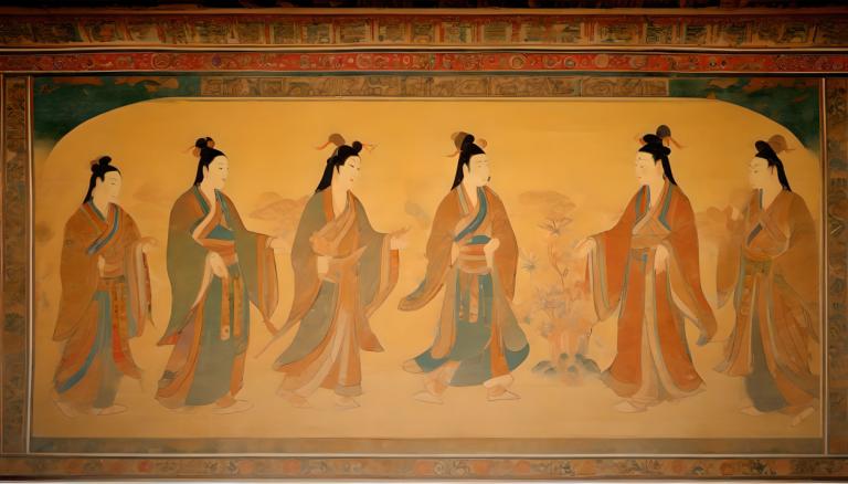 Fresca,Fresca, Oameni, picturi murale dunhuang, hanfu, mâneci lungi, profil, par lung, mâneci largi, brunet