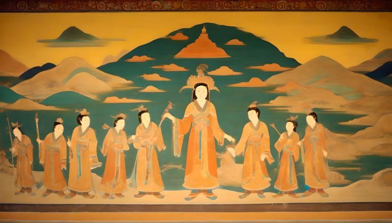 Fresco,Fresco, People, dunhuang murals, multiple boys, mountain, multiple girls, 6+boys, chinese clothes