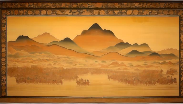 Fresco,Fresco, People, dunhuang murals, tree, mountain, scenery, nature, no humans, outdoors, forest, sunset