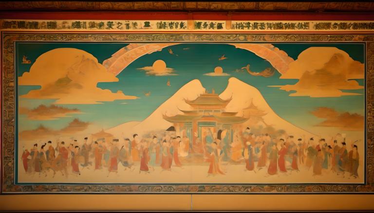 Fresco,Fresco, People, dunhuang murals, cloud, mountain, architecture, sky, east asian architecture, 6+boys