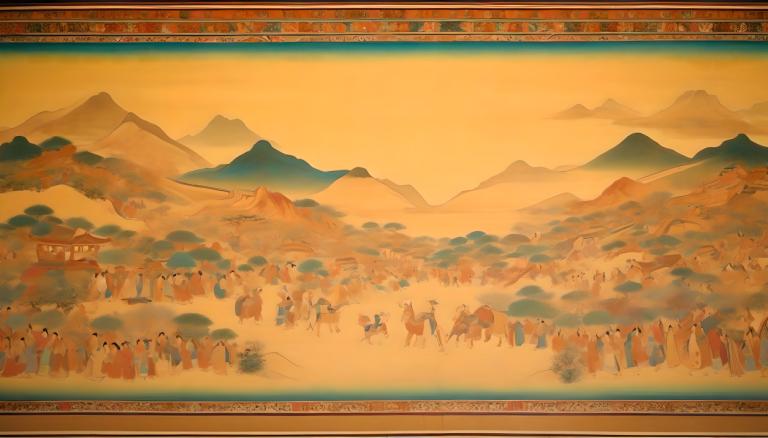 Fresco,Fresco, People, dunhuang murals, mountain, scenery, outdoors, 6+boys, multiple boys, bird